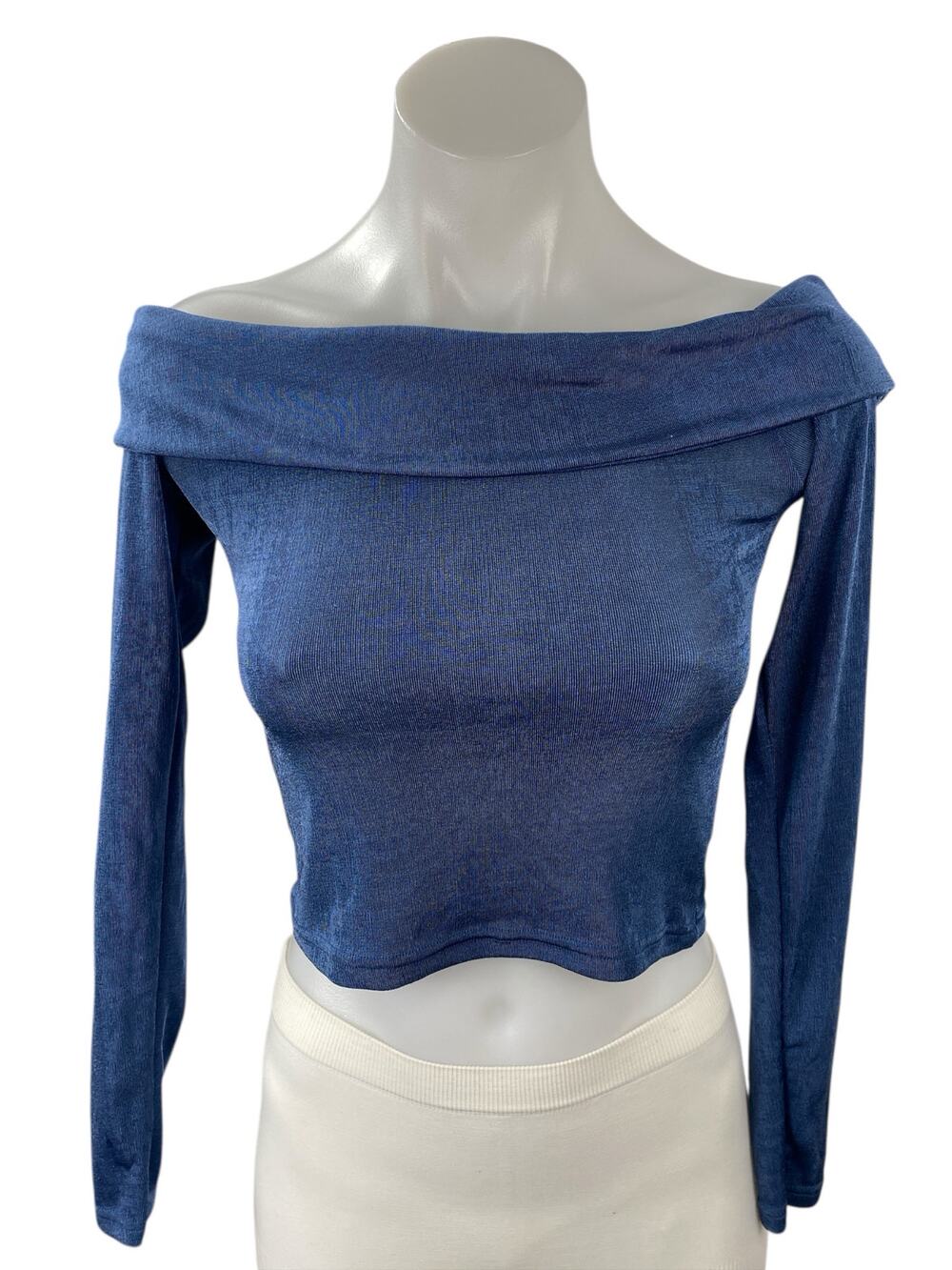 Edikted Women's Blue Off The Shoulder Knit Long Sleeve Blouse Crop Top Size S